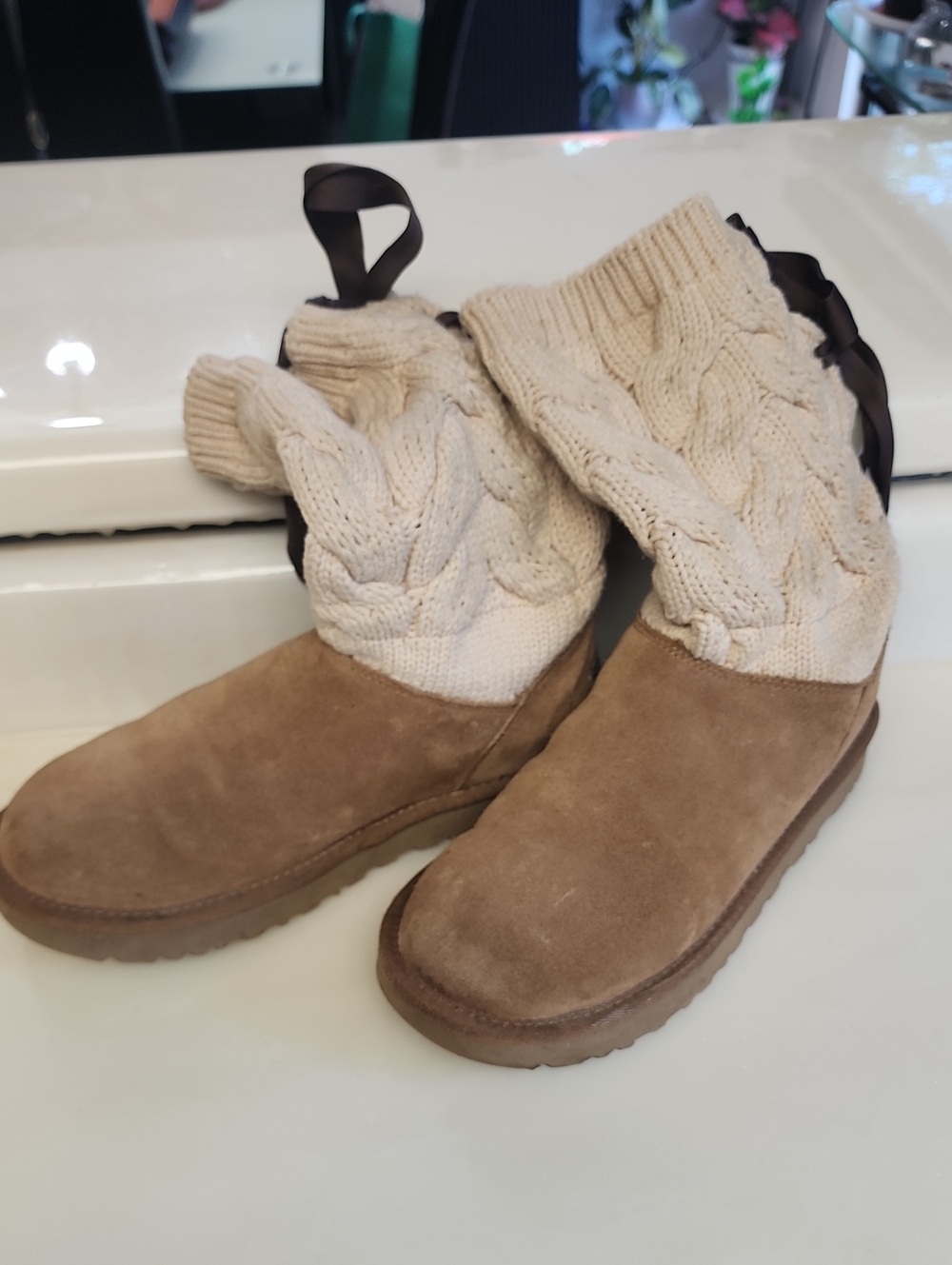 UGG Chestnut Suede & Cream Cable-Knit Short Boots
